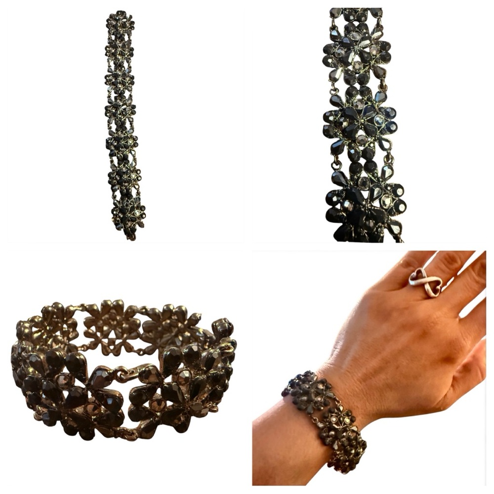 Vintage 1990’s does 1950’s‎ Glam Black Rhinestone Beaded Bracelet, Mid Century
